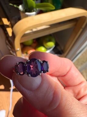 Sterling Silver Amethyst Three-Stone Ring - Purple